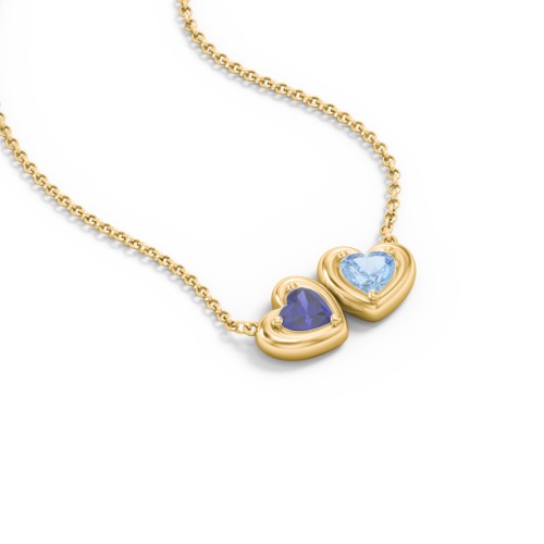 Puffy Heart Pendant with 2 Birthstones – 18K Gold Plated Silver with Blue Sapphire and Blue Topaz