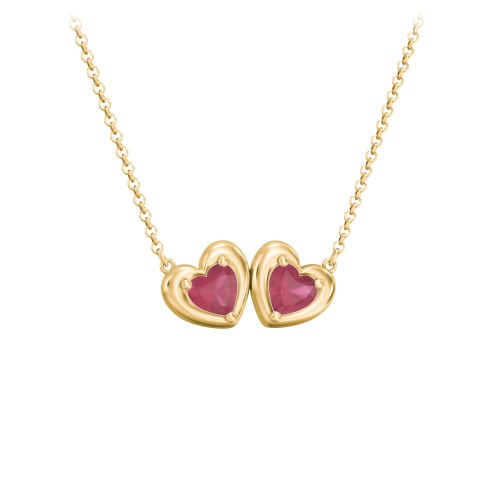 Puffy Heart Pendant with 2 Birthstones – 18K Gold Plated Silver with Ruby