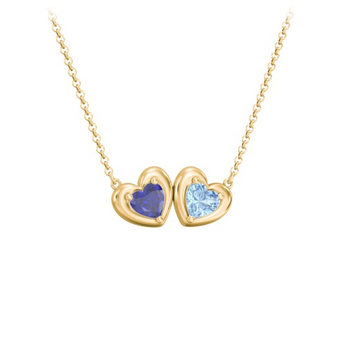 Puffy Heart Pendant with 2 Birthstones – 18K Gold Plated Silver with Blue Sapphire and Blue Topaz