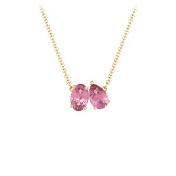 Toi et Moi Oval and Pear Gemstone Necklace in 18K Gold Plated Silver with Pink Tourmaline
