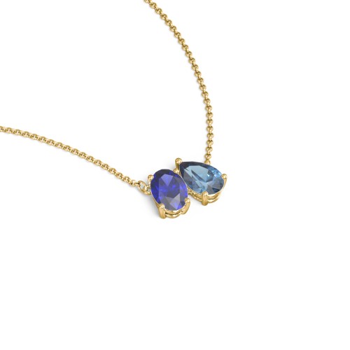 Toi et Moi Oval and Pear Gemstone Necklace – 18K Gold Plated Silver with Blue Sapphire and Blue Topaz