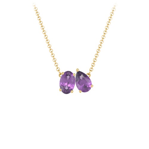 Toi et Moi Oval and Pear Gemstone Necklace – 18K Gold Plated Silver with Amethyst
