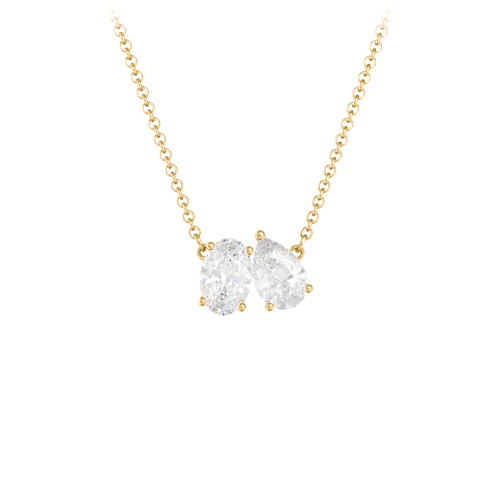 Toi et Moi Oval and Pear Gemstone Necklace – 18K Gold Plated Silver with Diamond