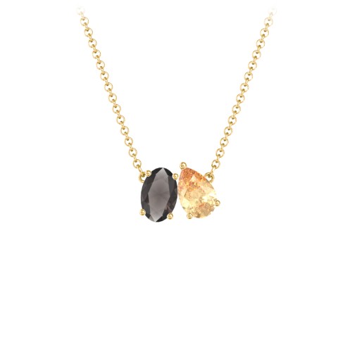 Toi et Moi Oval and Pear Gemstone Necklace – 18K Gold Plated Silver with Smokey Quartz and Citrine