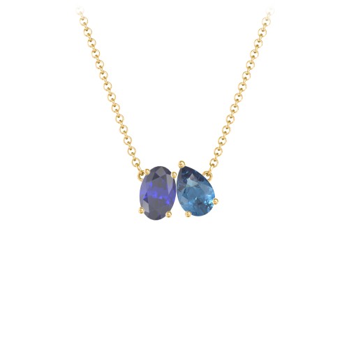 Toi et Moi Oval and Pear Gemstone Necklace – 18K Gold Plated Silver with Blue Sapphire and Blue Topaz