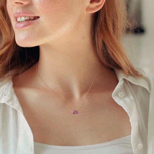Toi et Moi Oval and Pear Gemstone Necklace – 10K Yellow Gold with Pink Tourmaline and Amethyst