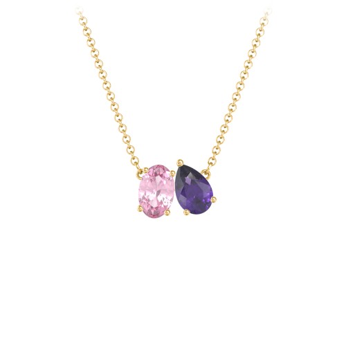 Toi et Moi Oval and Pear Gemstone Necklace – 10K Yellow Gold with Pink Tourmaline and Amethyst
