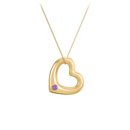 Floating Puffy Heart Pendant with 2 Birthstones in 18K Gold Plated Silver with Amethyst