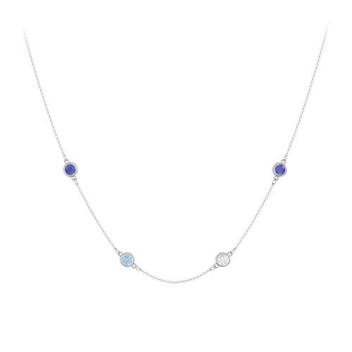 Bezel-Set Round Stone Station Necklace – Sterling Silver with Blue Sapphire, Blue Topaz, and Cubic Zirconia