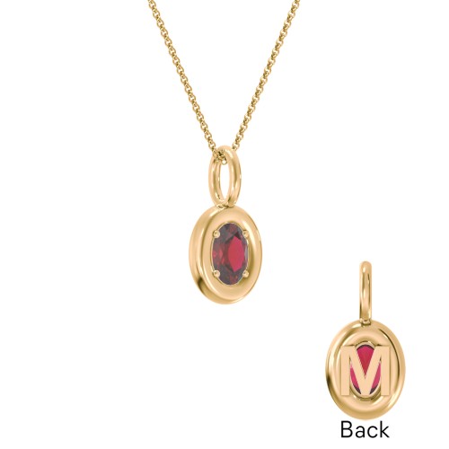 Oval Frame Stone Necklace With Back Initial – 18K Gold Plated Silver with Garnet