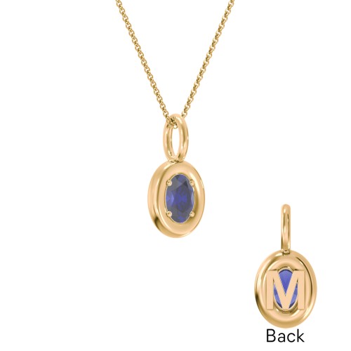 Oval Frame Stone Necklace With Back Initial – 18K Gold Plated Silver with Blue Sapphire