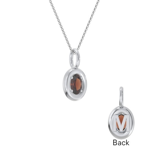 Oval Frame Stone Necklace With Back Initial – Sterling Silver with Garnet