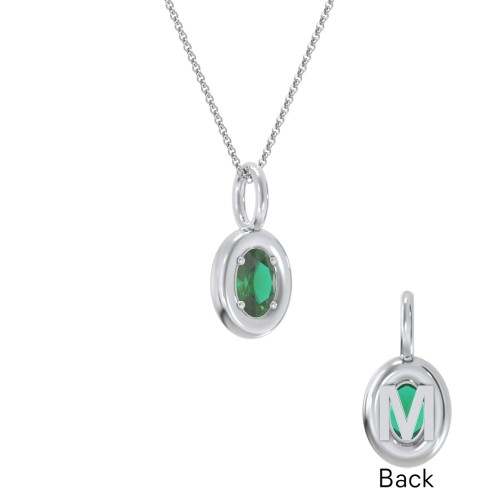 Oval Frame Stone Necklace With Back Initial – Sterling Silver with Emerald