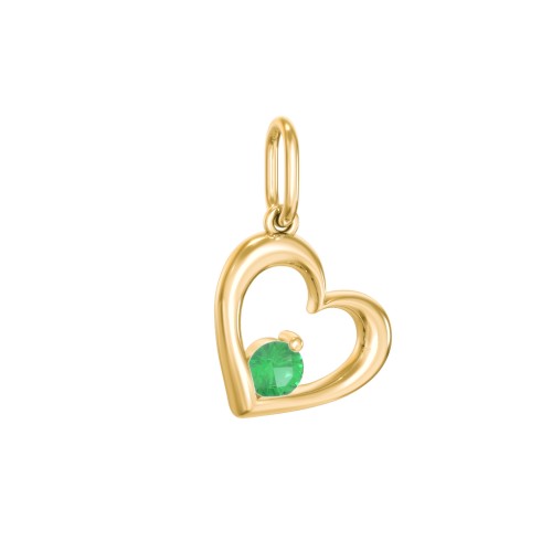Tilted Heart Gemstone Charm – 10K Yellow Gold with Emerald
