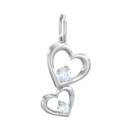 Tilted Hearts Charm with Gemstones in 925 Sterling Silver with Aquamarine