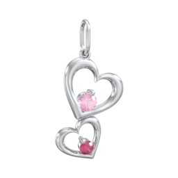 Tilted Hearts Charm with Gemstones in 925 Sterling Silver with Pink Tourmaline and Ruby