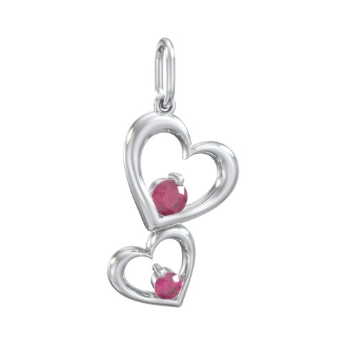 Tilted Hearts Charm with Gemstones – Sterling Silver with Ruby