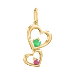 Tilted Hearts Charm with Gemstones in 10K Solid Yellow Gold with Emerald and Ruby