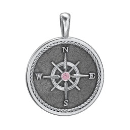 Men's Engravable Compass Pendant with Gemstone in 925 Sterling Silver with Pink Tourmaline