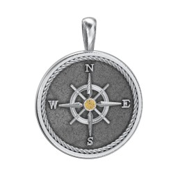 Men's Engravable Compass Pendant with Gemstone in 925 Sterling Silver with Citrine