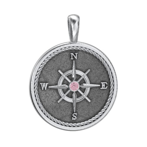 Men's Engravable Compass Pendant with Gemstone – Sterling Silver with Pink Tourmaline