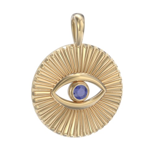 Men's Evil Eye Disc Pendant with Gemstone – 18K Gold Plated Silver with Blue Sapphire