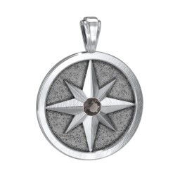 Men's Engravable North Star Disc Pendant with Gemstone in 925 Sterling Silver with Smokey Quartz