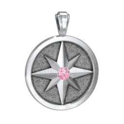 Men's Engravable North Star Disc Pendant with Gemstone in 925 Sterling Silver with Pink Tourmaline