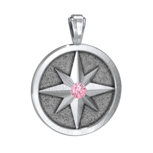 Men's Engravable North Star Disc Pendant with Gemstone – Sterling Silver with Pink Tourmaline