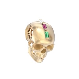 Men's Skull Pendant with Baguette Gemstone Mohawk in 10K Solid Yellow Gold with Emerald, Ruby, and Cubic Zirconia