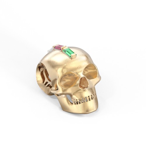 Men's Skull Pendant with Baguette Gemstone Mohawk – 10K Yellow Gold with Emerald, Ruby, and Cubic Zirconia