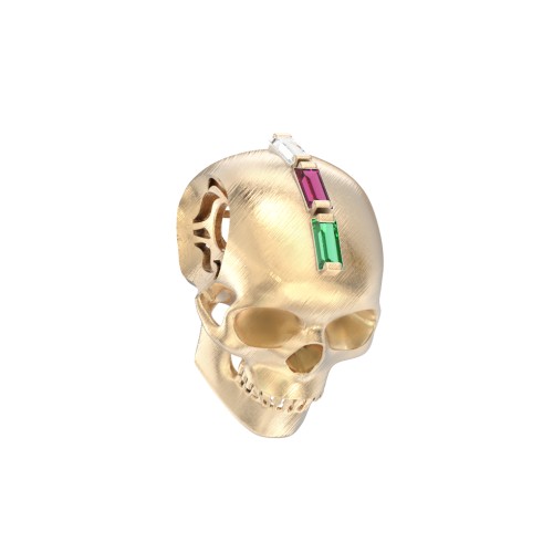Men's Skull Pendant with Baguette Gemstone Mohawk – 10K Yellow Gold with Emerald, Ruby, and Cubic Zirconia