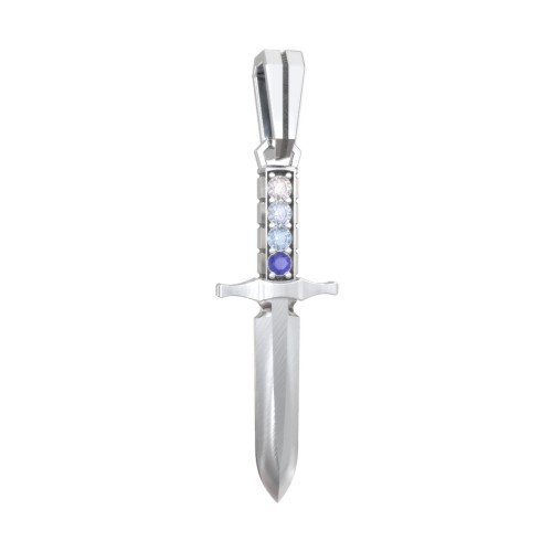 Men's Engravable Dagger Pendant with Gemstones – Sterling Silver with Cubic Zirconia, Aquamarine, Blue Topaz, and Blue Sapphire
