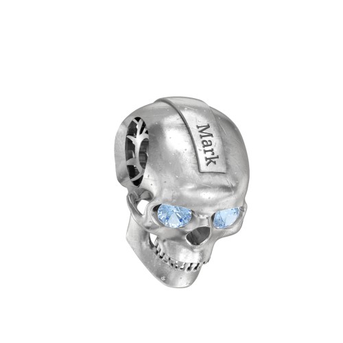Men's Engravable Skull Pendant with Gemstone Eyes – Sterling Silver with Blue Topaz
