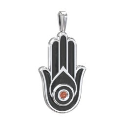 Men's Engravable Hamsa Gemstone Pendant with Cold Enamel in 925 Sterling Silver with Garnet