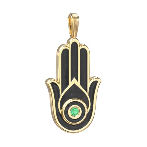 Men's Engravable Hamsa Gemstone Pendant with Cold Enamel – 10K Yellow Gold with Emerald