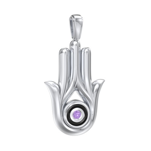 Men's Hamsa Pendant with Gemstone & Cold Enamel – Sterling Silver with Amethyst