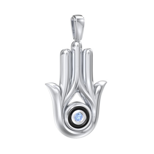Men's Hamsa Pendant with Gemstone & Cold Enamel – Sterling Silver with Blue Topaz