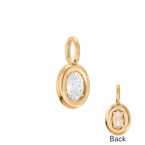 Oval Frame Stone Charm With Back Initial – 18K Gold Plated Silver with Diamond