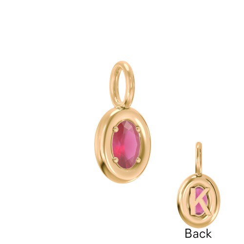Oval Frame Stone Charm With Back Initial – 18K Gold Plated Silver with Ruby