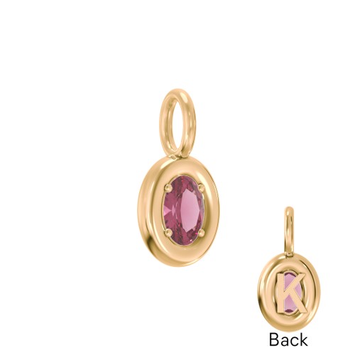 Oval Frame Stone Charm With Back Initial – 18K Gold Plated Silver with Pink Tourmaline