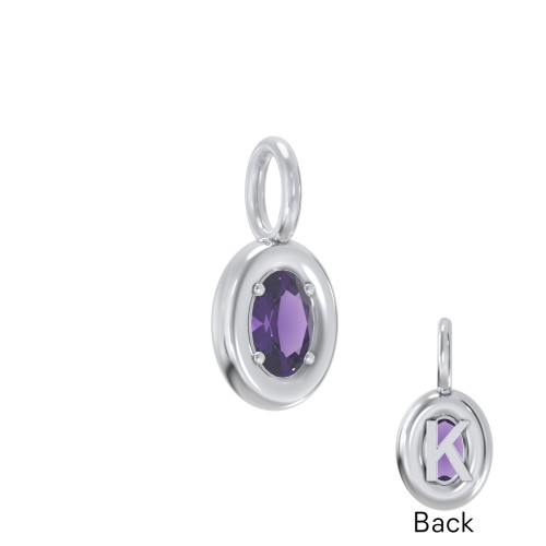 Oval Frame Stone Charm With Back Initial – Sterling Silver with Amethyst