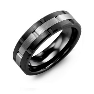 Grooved Brushed Ceramic Ring with Tungsten Inlay