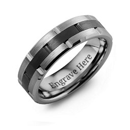 Men's Grooved Brushed Tungsten Ring with Ceramic Inlay in Tungsten