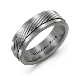 Men's Polished Tungsten Ring with Detailed Center Band in Tungsten & Sterling Silver