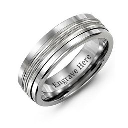 Men's Modern Ring with Beaded Center Band in Tungsten