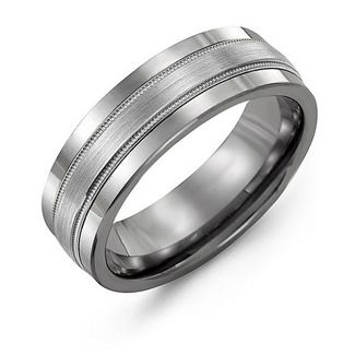 Men's Brushed Center Inlay Ring with Milgrain