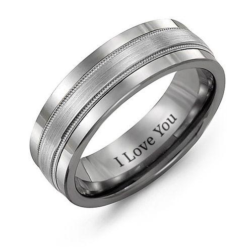 Men's Brushed Center Inlay Ring with Milgrain – Tungsten