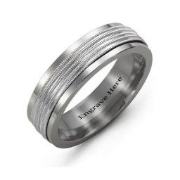 Men's Ribbed Inlay Tungsten Ring in Tungsten & Sterling Silver