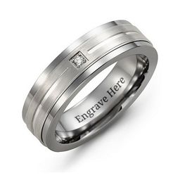 Men's Gemstone Ring with Grooved Inlay in Tungsten with Cubic Zirconia